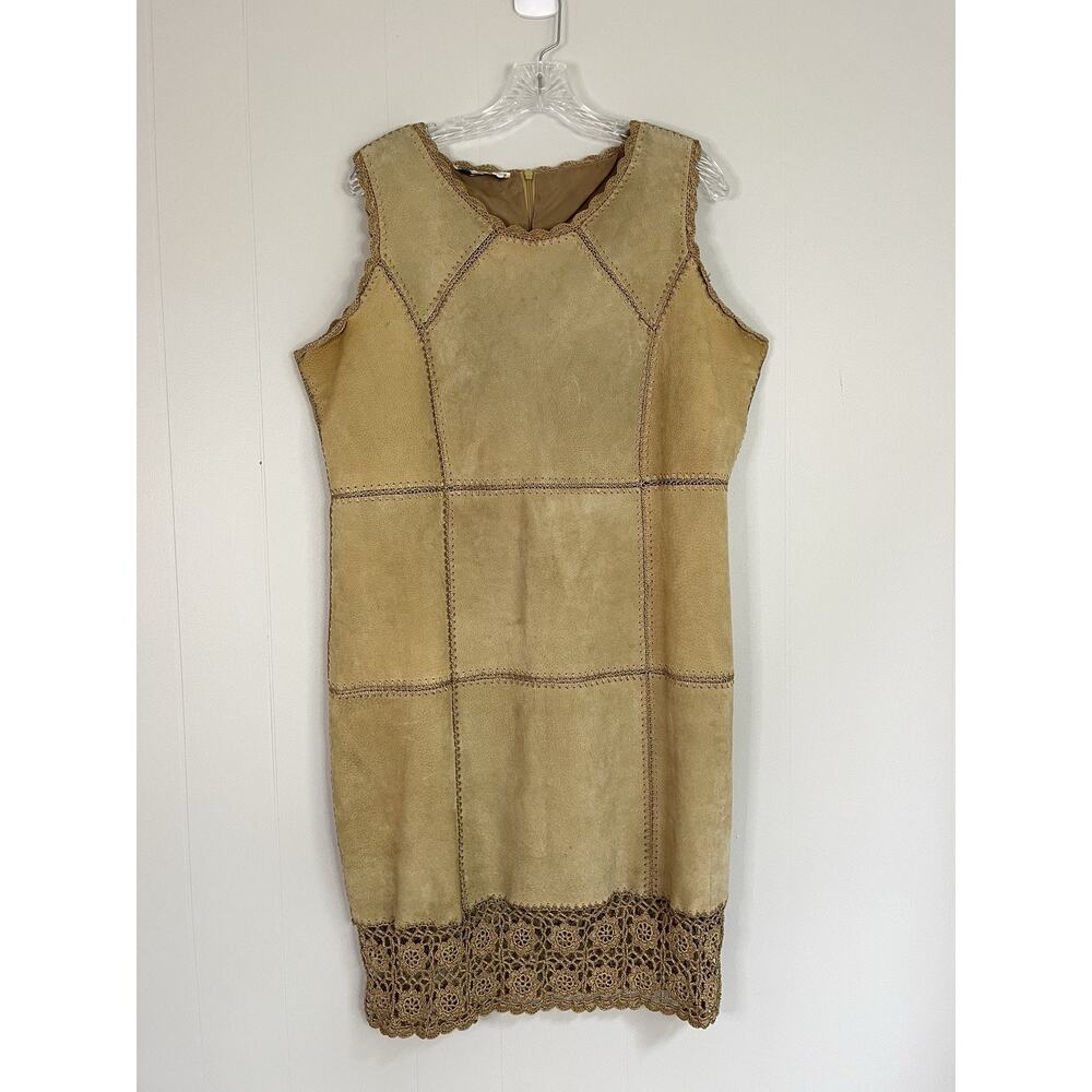 Vintage 90s Y2K Pieced Leather Patchwork Sheath‎ Dress XL Tan Brown Boho Artsy